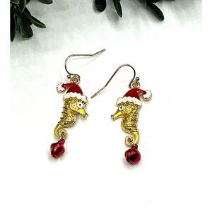 Seahorse Dangle Earrings With Santa Hat and Jingle Bell